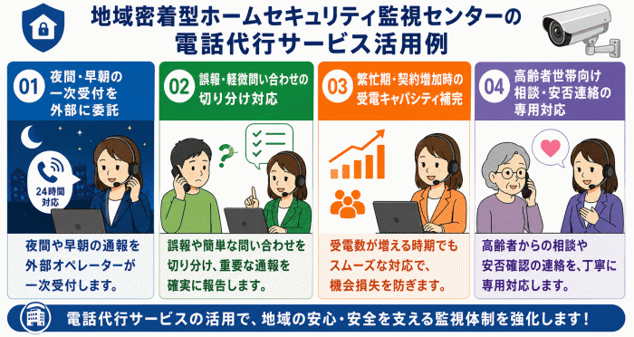 地域密着型ホームセキュリティ監視センターの電話代行サービス活用例