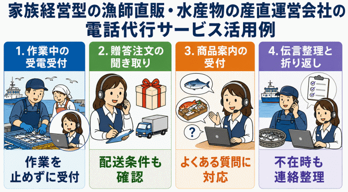家族経営型の漁師直販・水産物の産直運営会社の電話代行サービス活用例