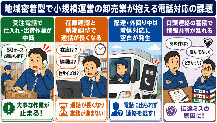 地域密着型で小規模運営の卸売業が抱える電話対応の課題