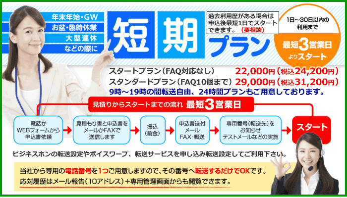 すぐ開始できる電話代行短期プラン